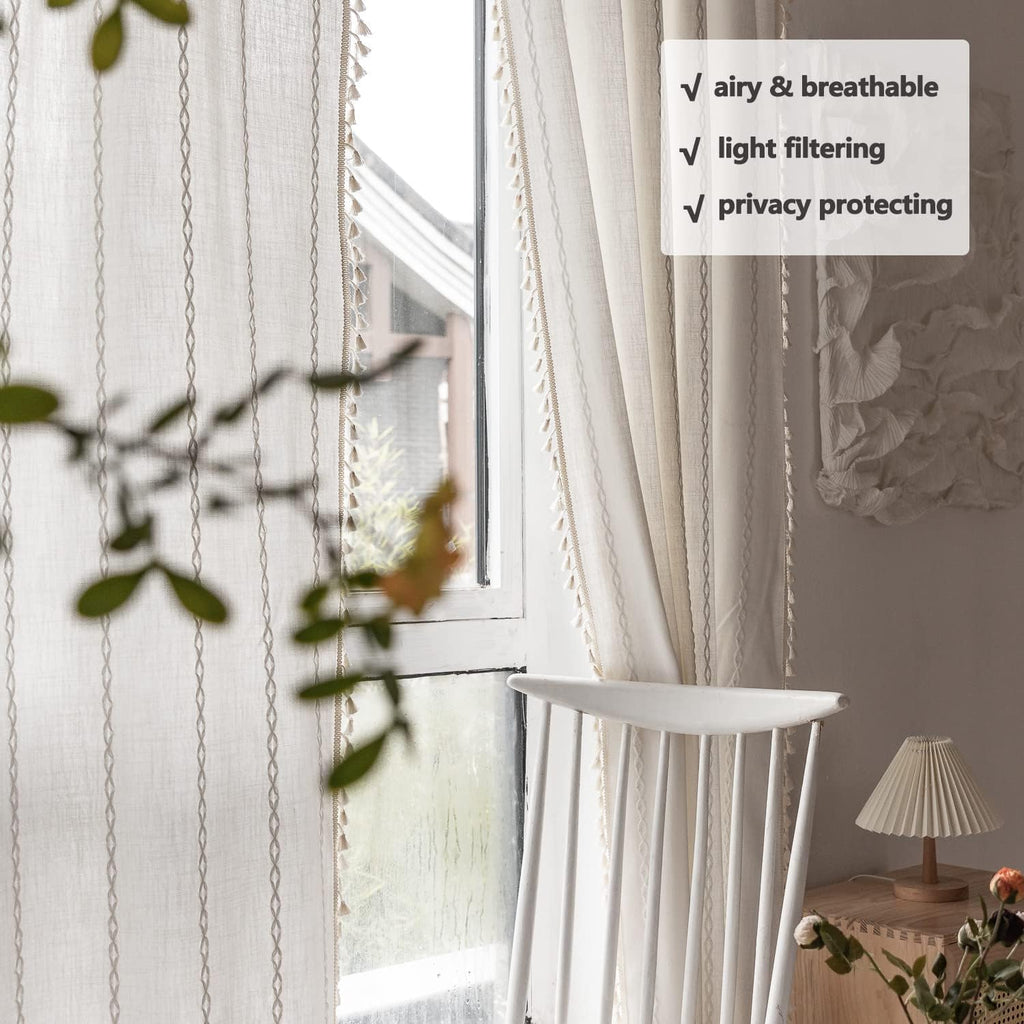Boho Curtains Semi-Blackout 84 Inch 2 Panels for Living Room, Linen Tassels Farmhouse Curtains with Embroidery for Bedroom Rod Pocket Draperies 52" W x 84" L, Off White