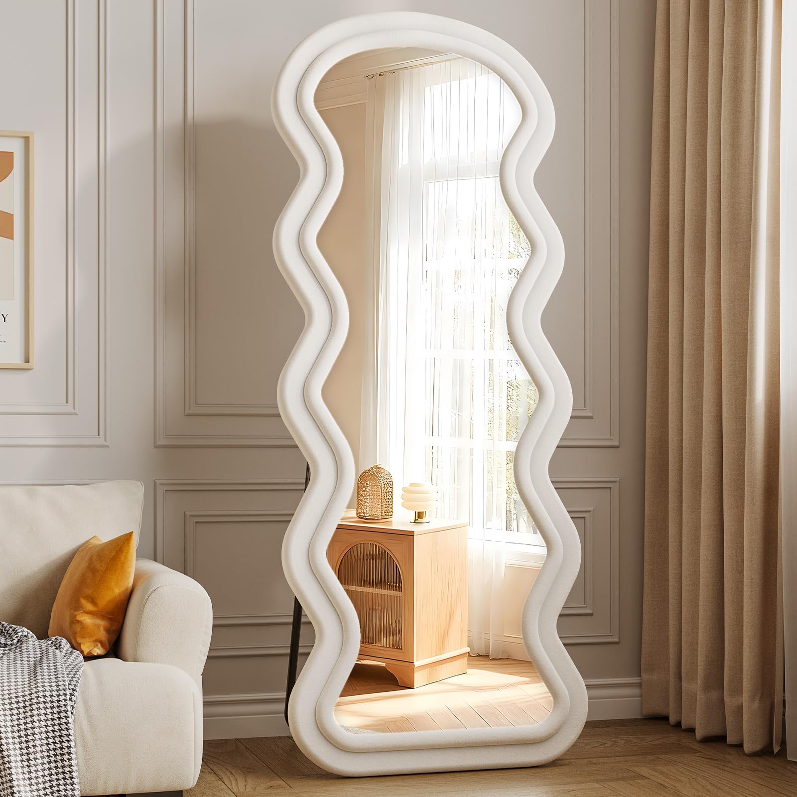 Irregular Full Length Mirror, 63"x24" Flannel Full Body Mirrors, Velvet Floor Mirrors with Stand, Irregular Wavy Mirror Hanging or Leaning Against Wall for Bedroom Living Room, Brown