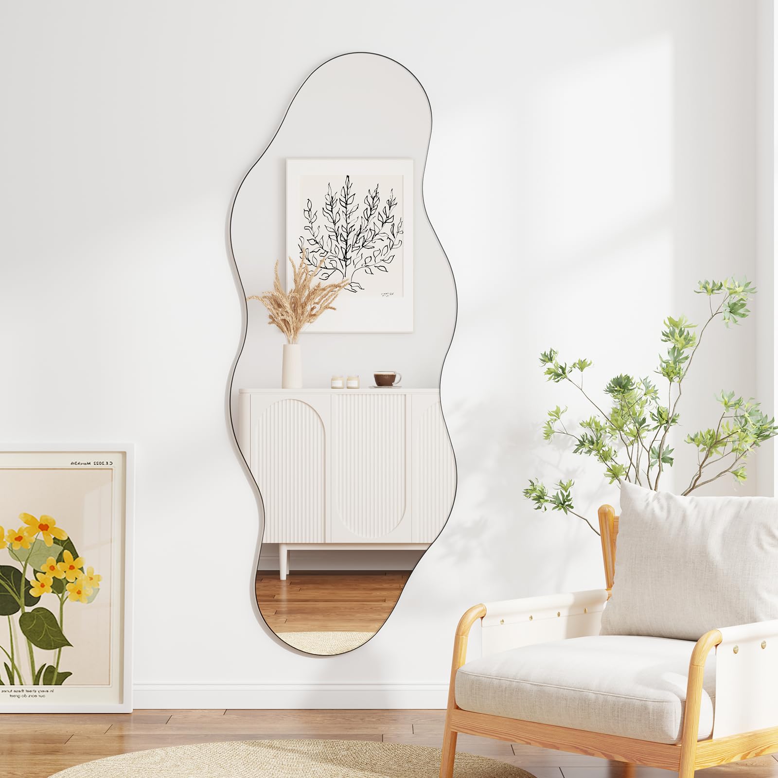 QDSSDECO Full Length Mirror 63"x24" Irregular Wall Mirror Wave Frameless for Living Room Bathroom Bedroom Entryway Decor