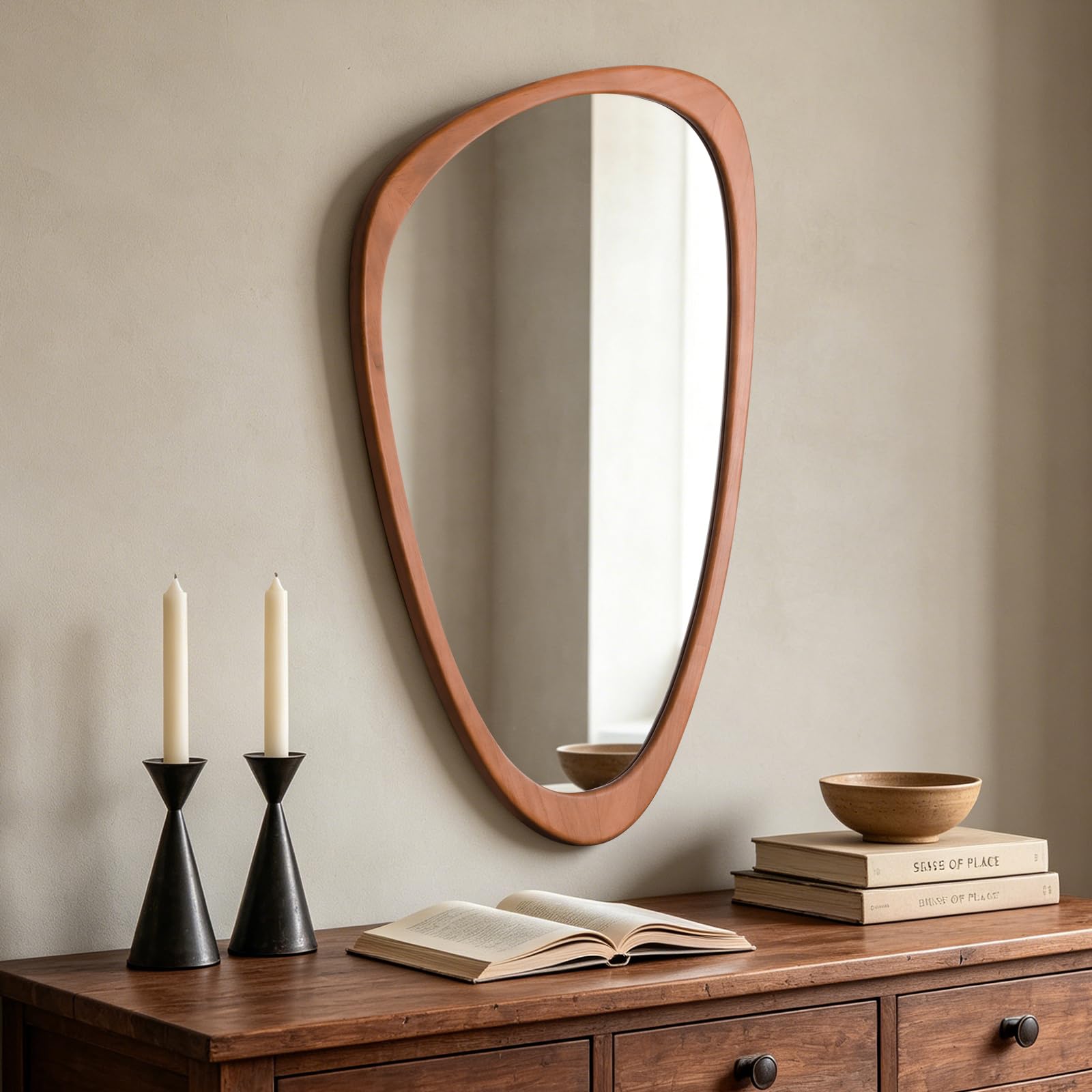 HOMECOOKIN 23.5" H x 19" W Asymmetrical Mirror, Irregular Wooden Wall Mirror for Bedroom, Living Room,Entryway– Mid-Century Modern Decorative Mirror, Solid Wood Frame, Pebble Shaped Design (Walnut)