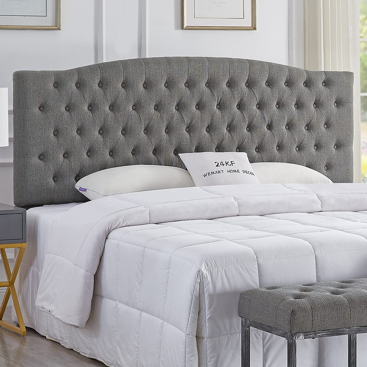 24KF Upholstered Tufted Button Linen Fabric Headboard,Comfortable Fashional Headboard Queen/Full Size,Ivory