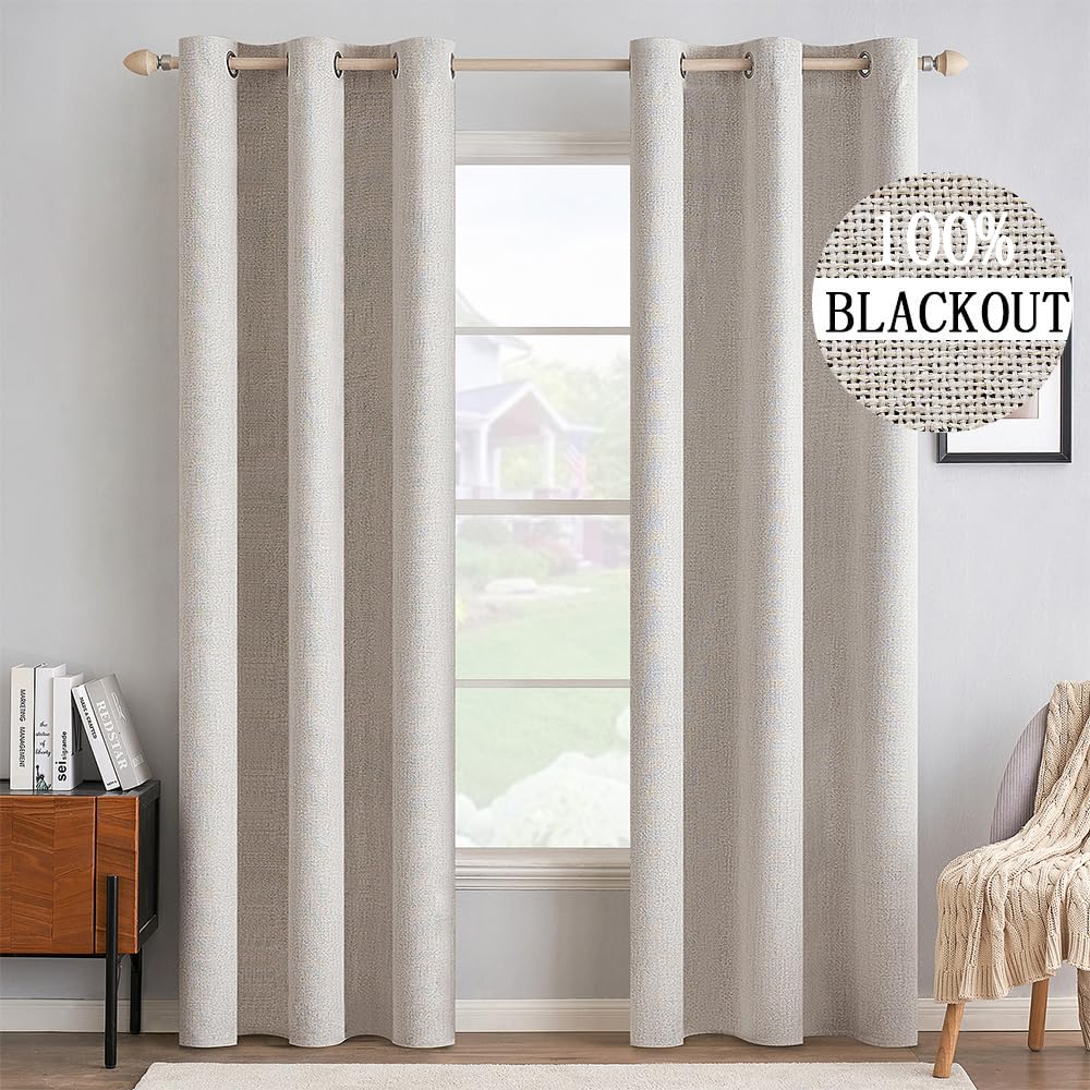 MIULEE 100% Blackout Linen Textured Curtains for Bedroom Solid Thermal Insulated Natural Beige Grommet Room Darkening Curtains & Drapes Luxury Decor for Living Room Nursery 52 x 96 Inch (2 Panels)