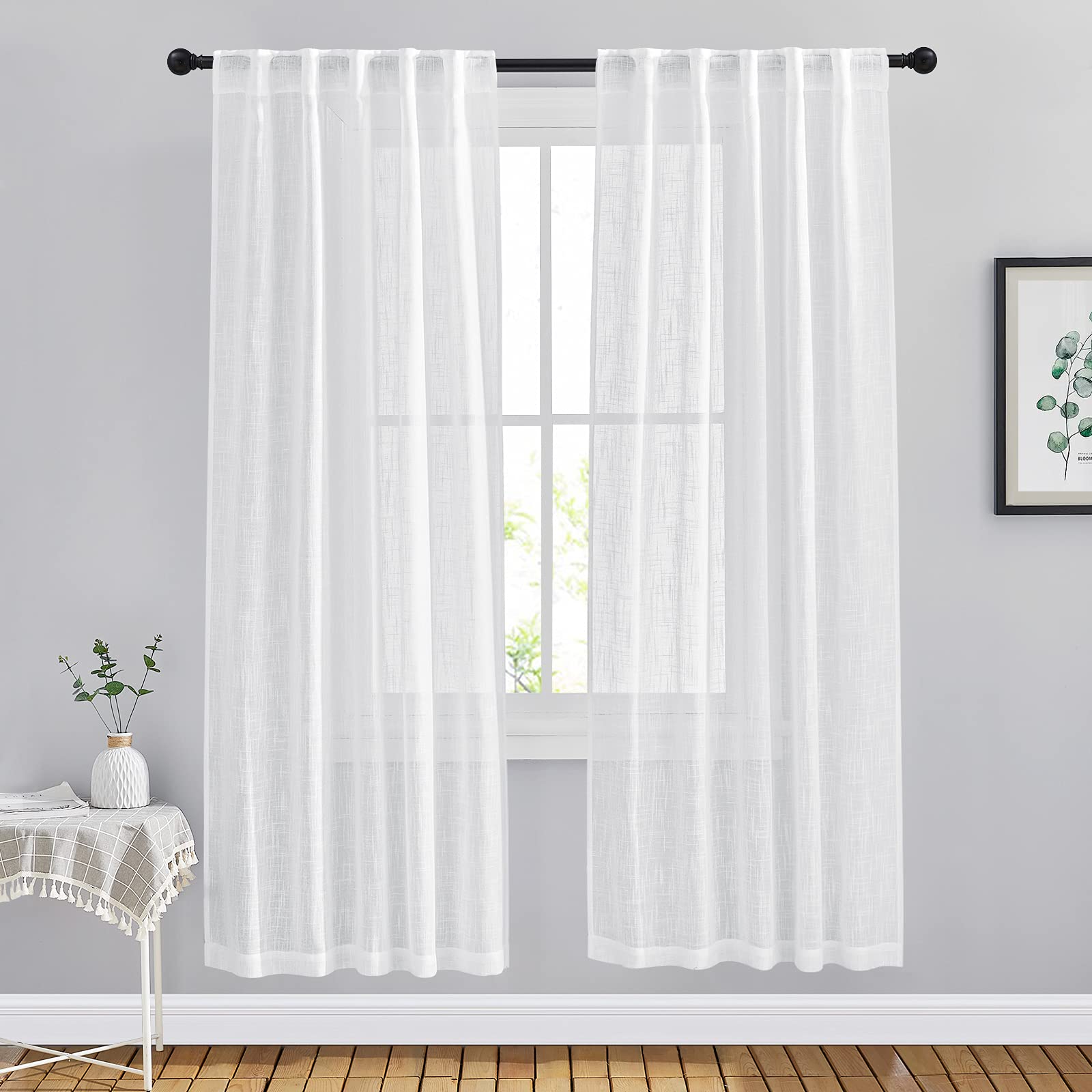 NICETOWN 120 inch Curtains Linen Blend for Bedroom, Rod Pocket & Back Tab Natural Linen Burlap Semi Sheer Window Treatments Privacy with Light Filtering for Living Room, W52 x L120, 2 Panels