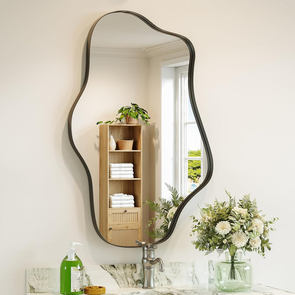 Irregular Wall Mirror, 20” x 36” Black Wavy Mirror with Modern Shaped, Asymmetrical Mirrors for Decorative Bathroom, Entryways, Living Room, Vanity