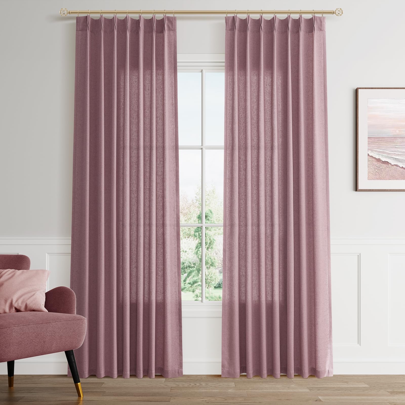 Extra Long Linen Curtains 108 Inch for Living Room Cream Pinch Pleated 9 FT Drapes Semi Sheer Ceiling to Floor Curtain for Bedroom Back Tab Flax Neutral Boho Decor Window, Natural Beige Ivory 2 Panels