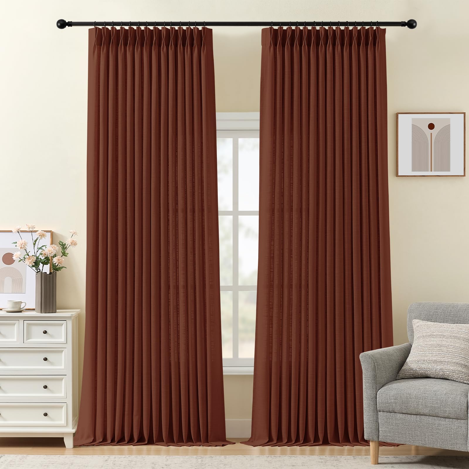 Pinch Pleated Linen Curtains 84 Inch Length 2 Panels Set, Light Filtering Linen Blend Sheer Drapes Memory Trained Pleated Curtain Back Tab with Hooks Rings for Living Room Bedroom, Natural, W40xL84