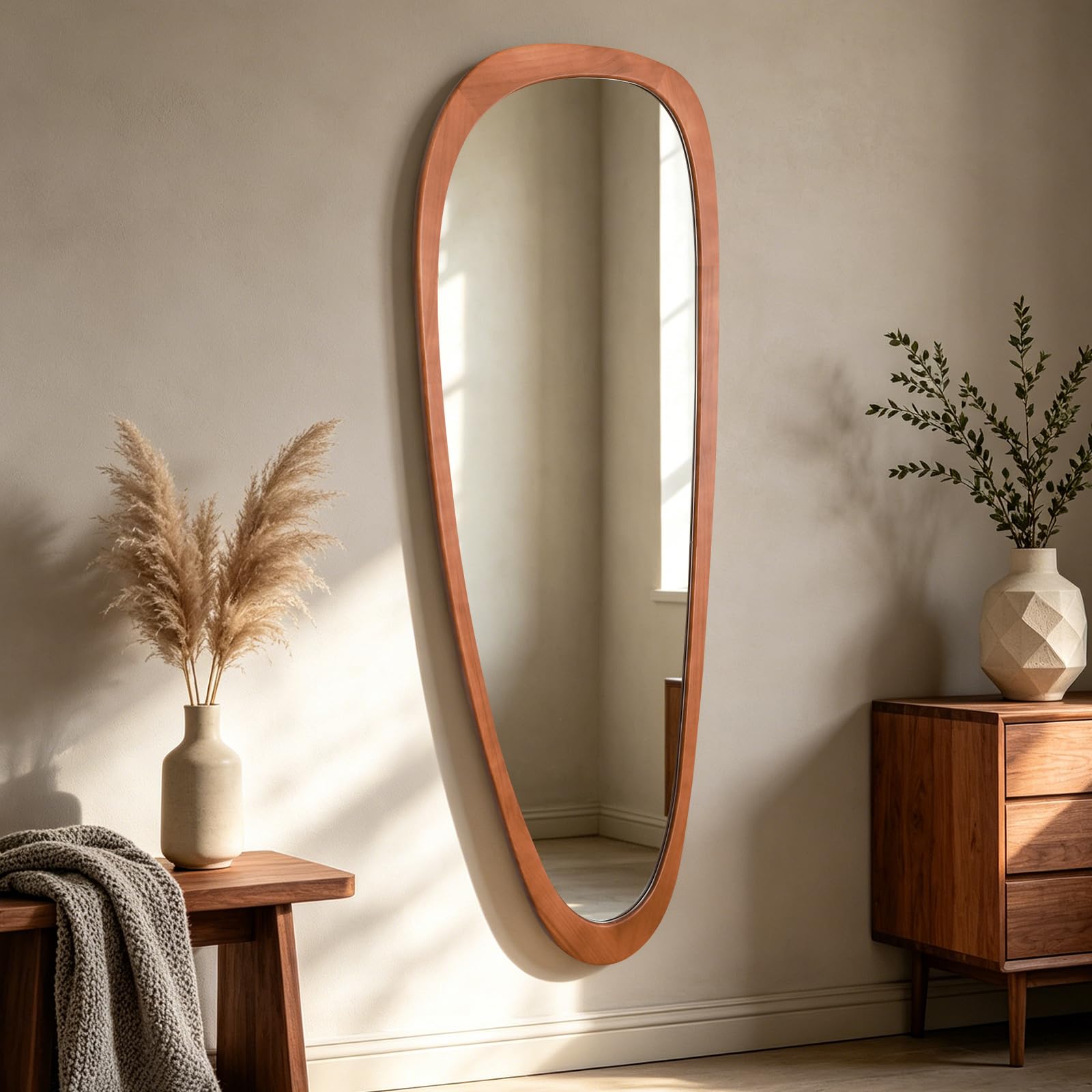 HOMECOOKIN 23.5" H x 19" W Asymmetrical Mirror, Irregular Wooden Wall Mirror for Bedroom, Living Room,Entryway– Mid-Century Modern Decorative Mirror, Solid Wood Frame, Pebble Shaped Design (Walnut)