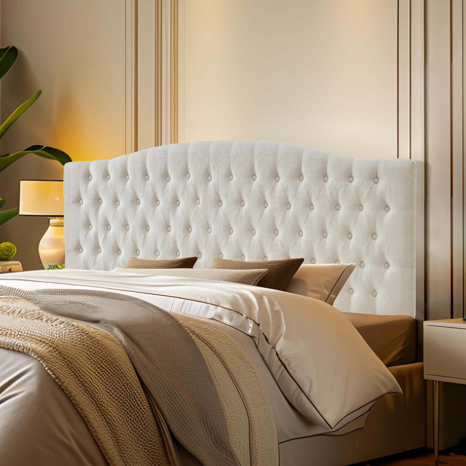 Furpopup Linen Upholstered Headboard Queen/Full Size Bed Tufted Button Headboard, Featuring High-Density Sponge Padding, Luxury Texture Easy Assembly Comfort and Style-Ivory