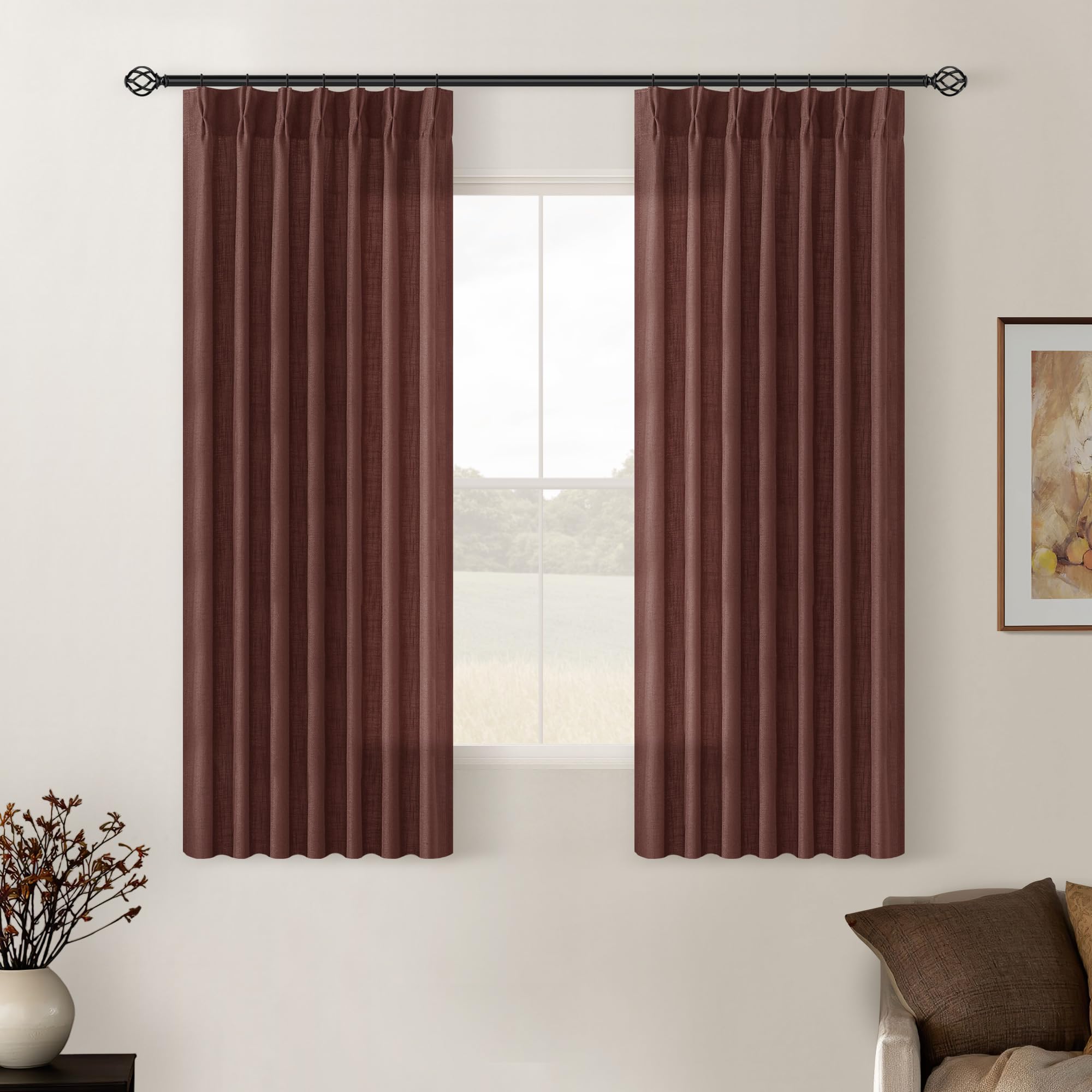 Pinch Pleated Linen Curtains 108 Inches Long for Living Room 2 Panels Set Cream Ivory Flax Double Pleated Drapes Back Tab Neutral Boho Ceiling Floor 108 Inch Window Curtains Bedroom Natural Birch
