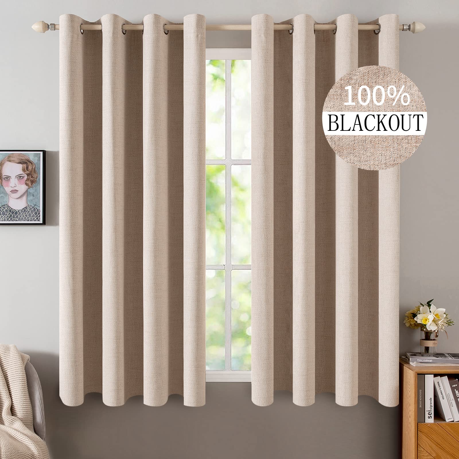 MIULEE Linen Texture Curtains for Bedroom Solid 100% Blackout Thermal Insulated Dusty Blue Curtains Grommet Room Darkening Drapes Luxury Decor for Living Room Nursery 52x84 Inch (2 Panels)