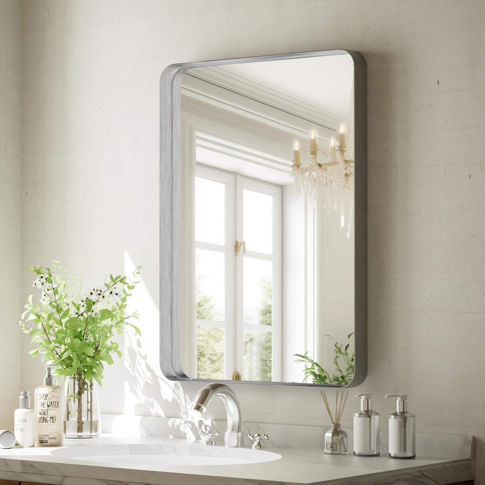 VooBang Bathroom Mirror 24x32 inch, Black Gorgeous Deep Frame Wall Mirror, Modern Round Corner Bathroom Vanity Mirror for Bedroom, Living Room, Hanging or Leaning Horizontal or Vertical, Black