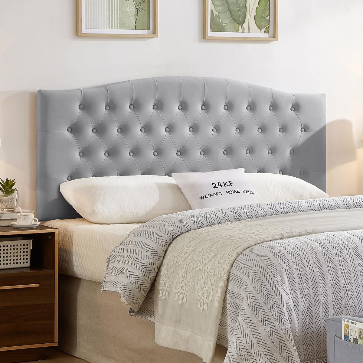 24KF Upholstered Tufted Button Linen Fabric Headboard,Comfortable Fashional Headboard Queen/Full Size,Ivory