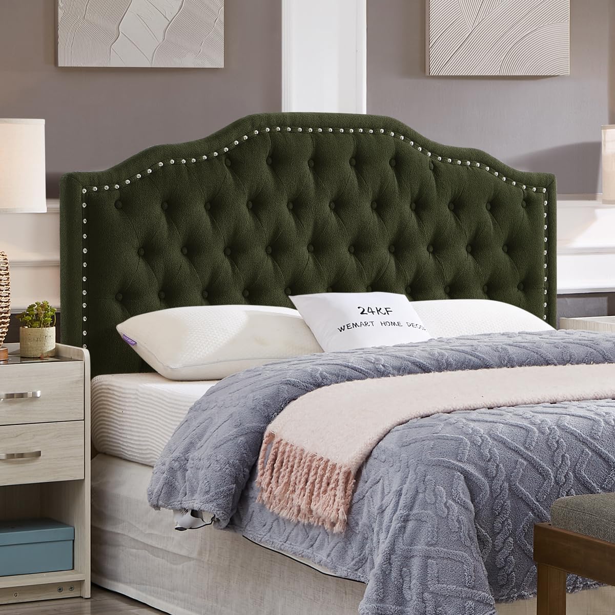 24KF Upholstered Button Tufted Queen Headboard with Nailhead Trim, Elegant Boucle Fabric Full headboard, 6031-Q-Boucle-Ivory