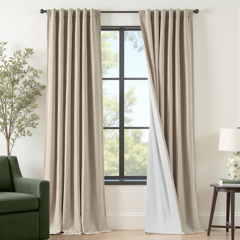 2-Panel Beige Linen-Effect Blackout Curtains, 52"W×96"L, Thermal Lined Polyester Drapes for Living Room & Bedroom