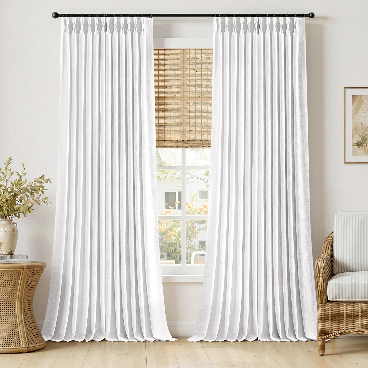 MIULEE Pinch Pleated Thick Linen Curtains 96 Inches Long 2 Panels for Living Room Bedroom, Memory Trained Pleat Drapes Light Filtering Natural Birch Semi Sheer Window Curtains Hooks Rings Back Tab