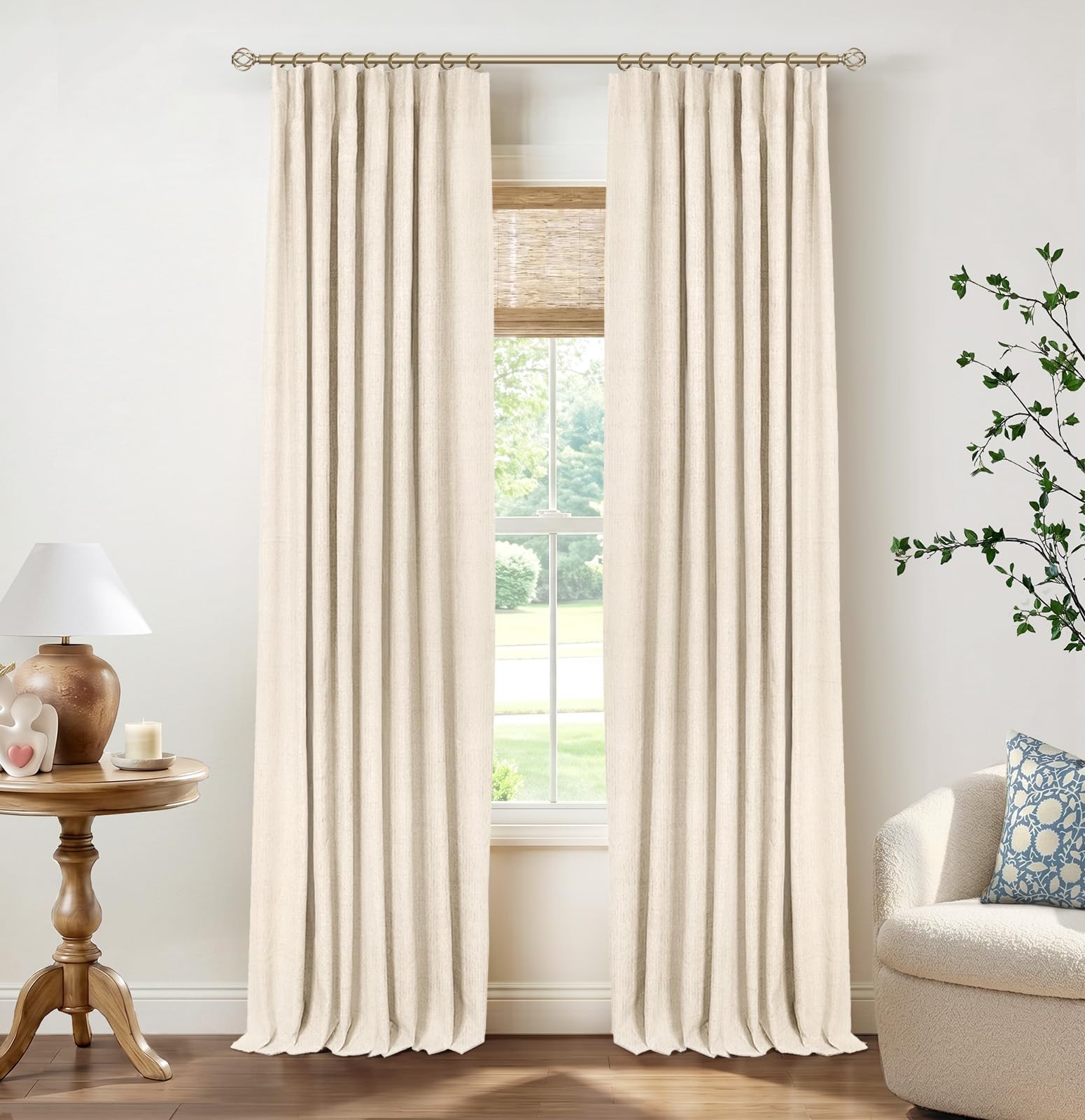 INOVADAY 100% Blackout Curtains for Bedroom, Black Out Curtains 84 Inch Long, Clip Rings Linen Blackout Drapes, Thermal Insulated Room Darkening for Living Room, 2 Panels - Beige,W50xL84