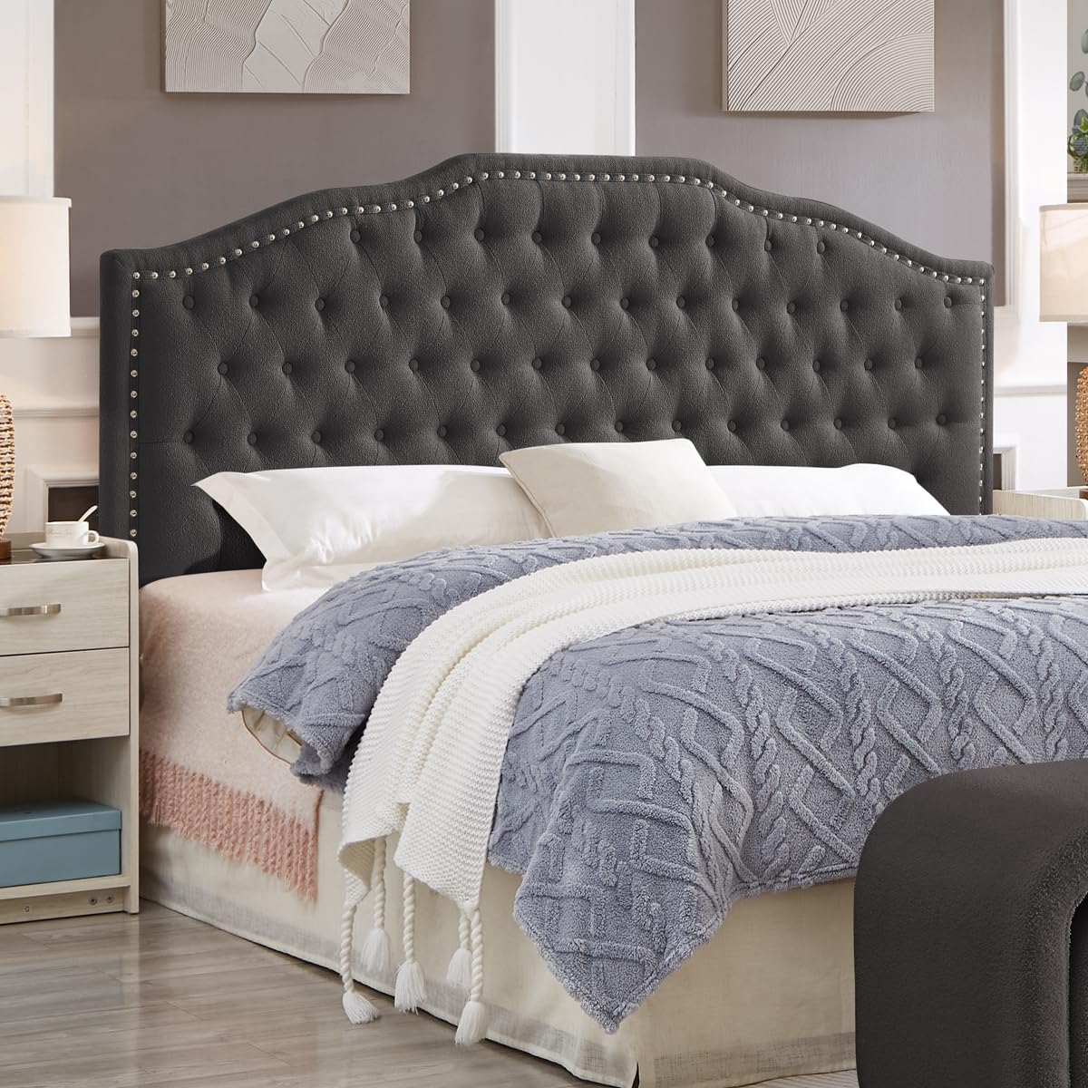 24KF Upholstered Button Tufted Queen Headboard with Nailhead Trim, Elegant Boucle Fabric Full headboard, 6031-Q-Boucle-Ivory