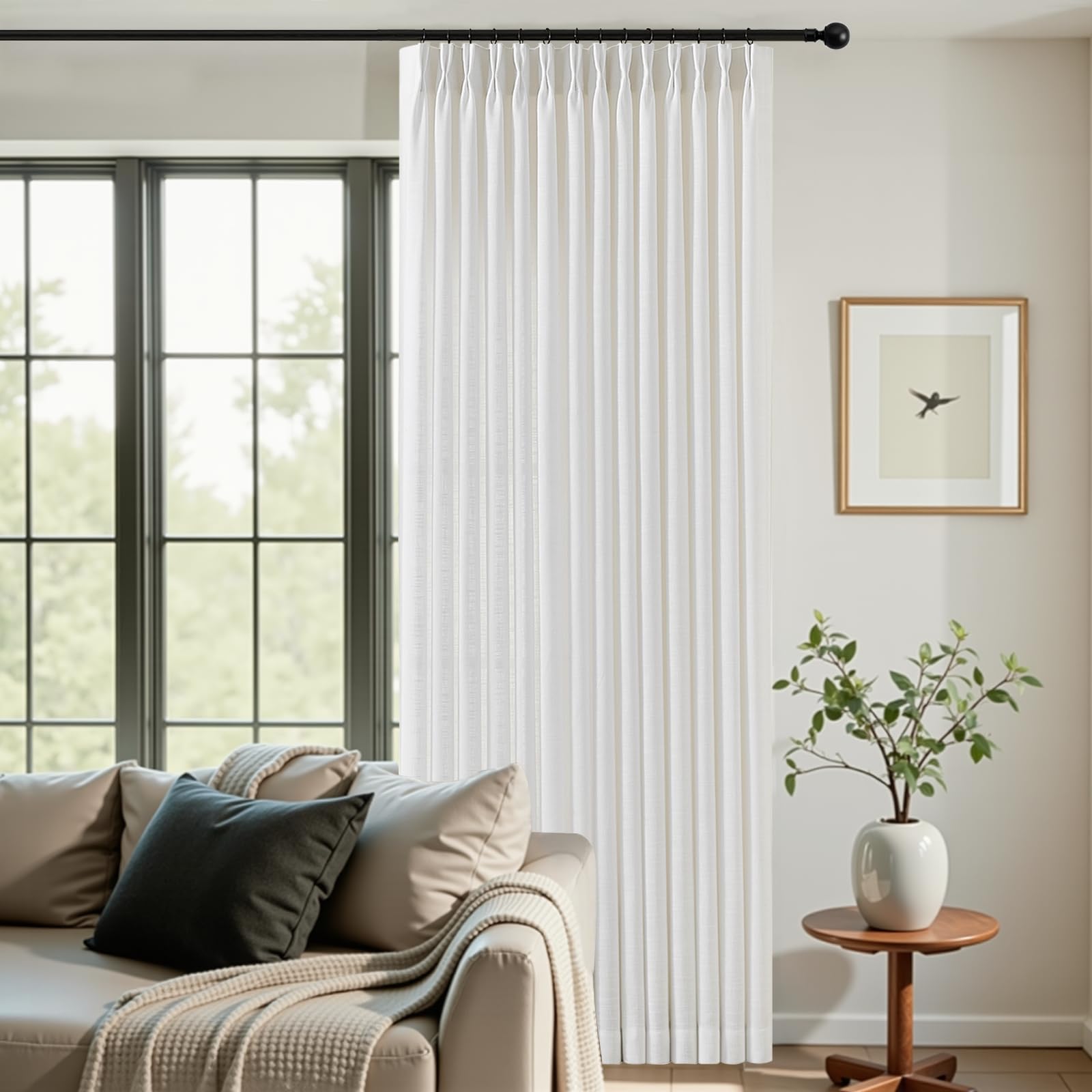 Pinch Pleated Linen Curtains 84 Inch Length 2 Panels Set, Light Filtering Linen Blend Sheer Drapes Memory Trained Pleated Curtain Back Tab with Hooks Rings for Living Room Bedroom, Natural, W40xL84