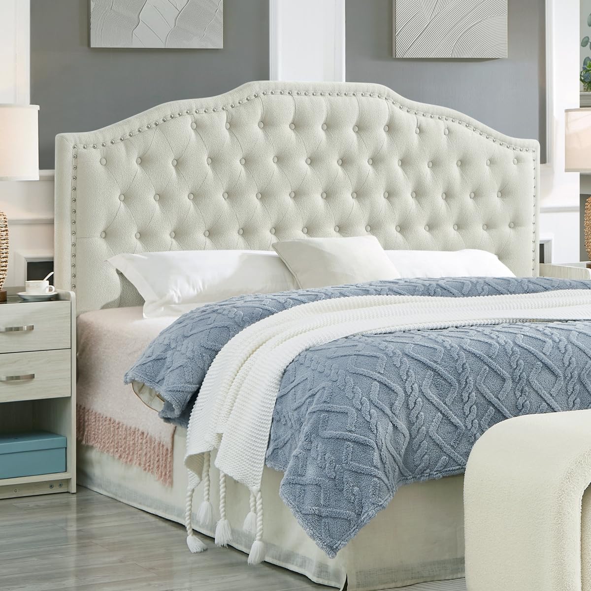 24KF Upholstered Button Tufted Queen Headboard with Nailhead Trim, Elegant Boucle Fabric Full headboard, 6031-Q-Boucle-Ivory
