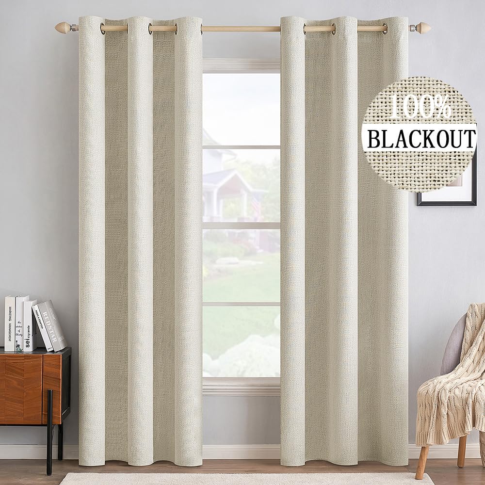 MIULEE Linen Texture Curtains for Bedroom Solid 100% Blackout Thermal Insulated Dusty Blue Curtains Grommet Room Darkening Drapes Luxury Decor for Living Room Nursery 52x84 Inch (2 Panels)