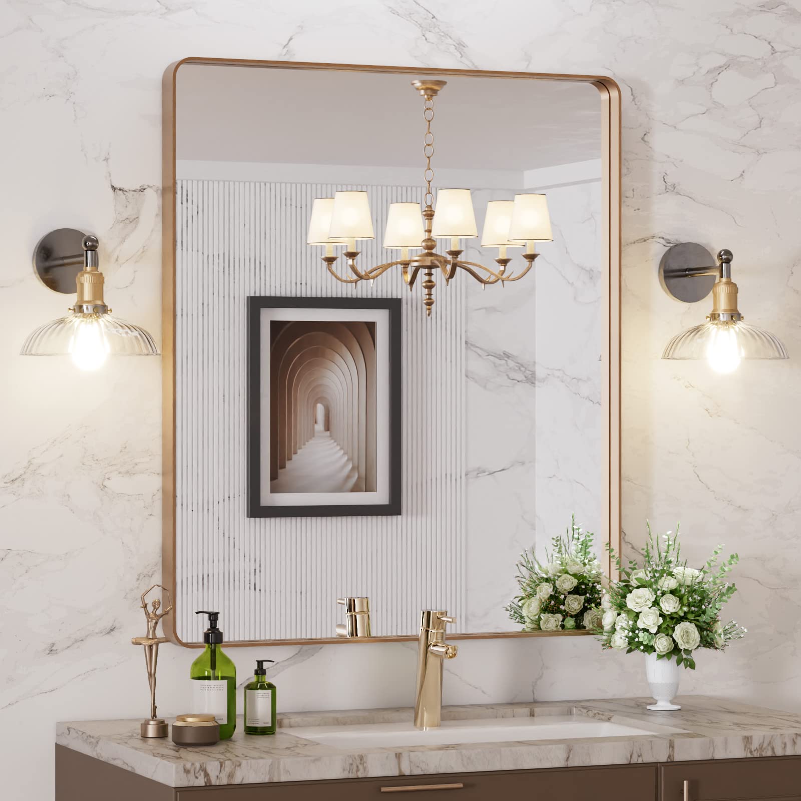 LOAAO Black Metal Framed Bathroom Mirror for Wall, 22X30 Inch Rounded Rectangle Mirror, Matte Black Bathroom Vanity Mirror Farmhouse, Anti-Rust, Hangs Horizontally or Vertically