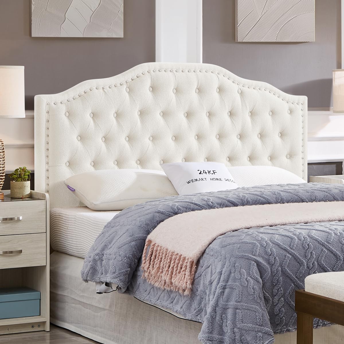 24KF Upholstered Button Tufted Queen Headboard with Nailhead Trim, Elegant Boucle Fabric Full headboard, 6031-Q-Boucle-Ivory