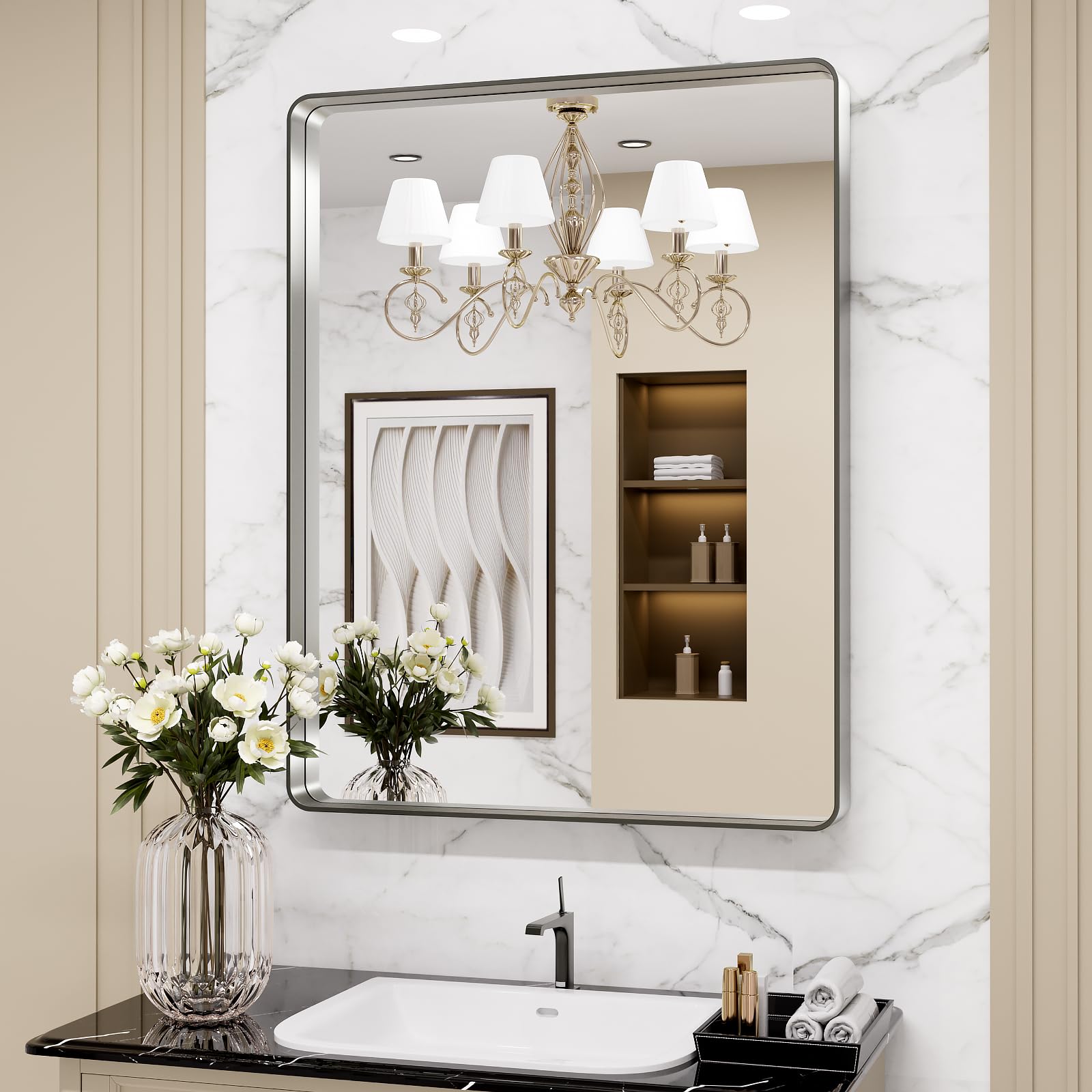 LOAAO Black Metal Framed Bathroom Mirror for Wall, 22X30 Inch Rounded Rectangle Mirror, Matte Black Bathroom Vanity Mirror Farmhouse, Anti-Rust, Hangs Horizontally or Vertically