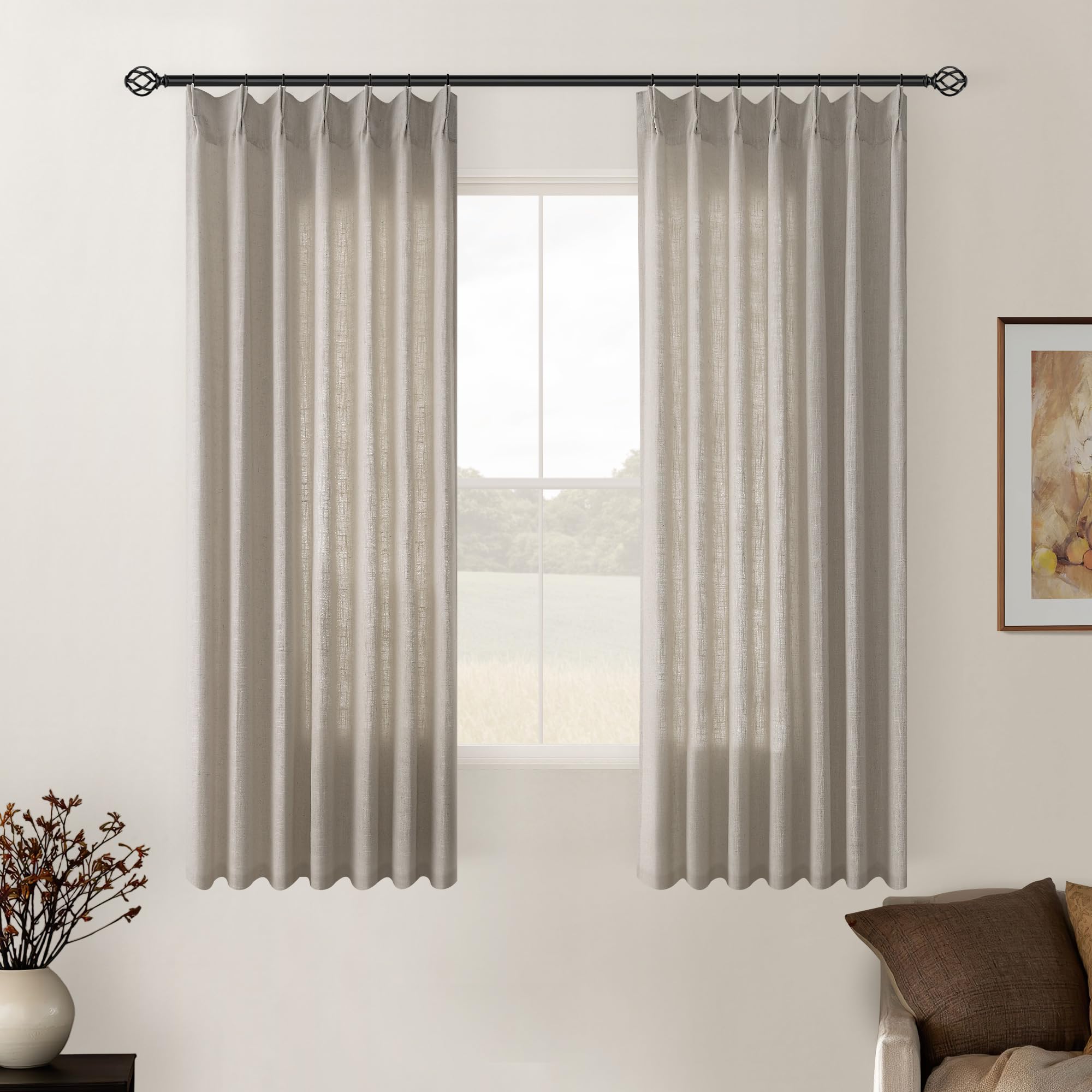 Pinch Pleated Linen Curtains 108 Inches Long for Living Room 2 Panels Set Cream Ivory Flax Double Pleated Drapes Back Tab Neutral Boho Ceiling Floor 108 Inch Window Curtains Bedroom Natural Birch