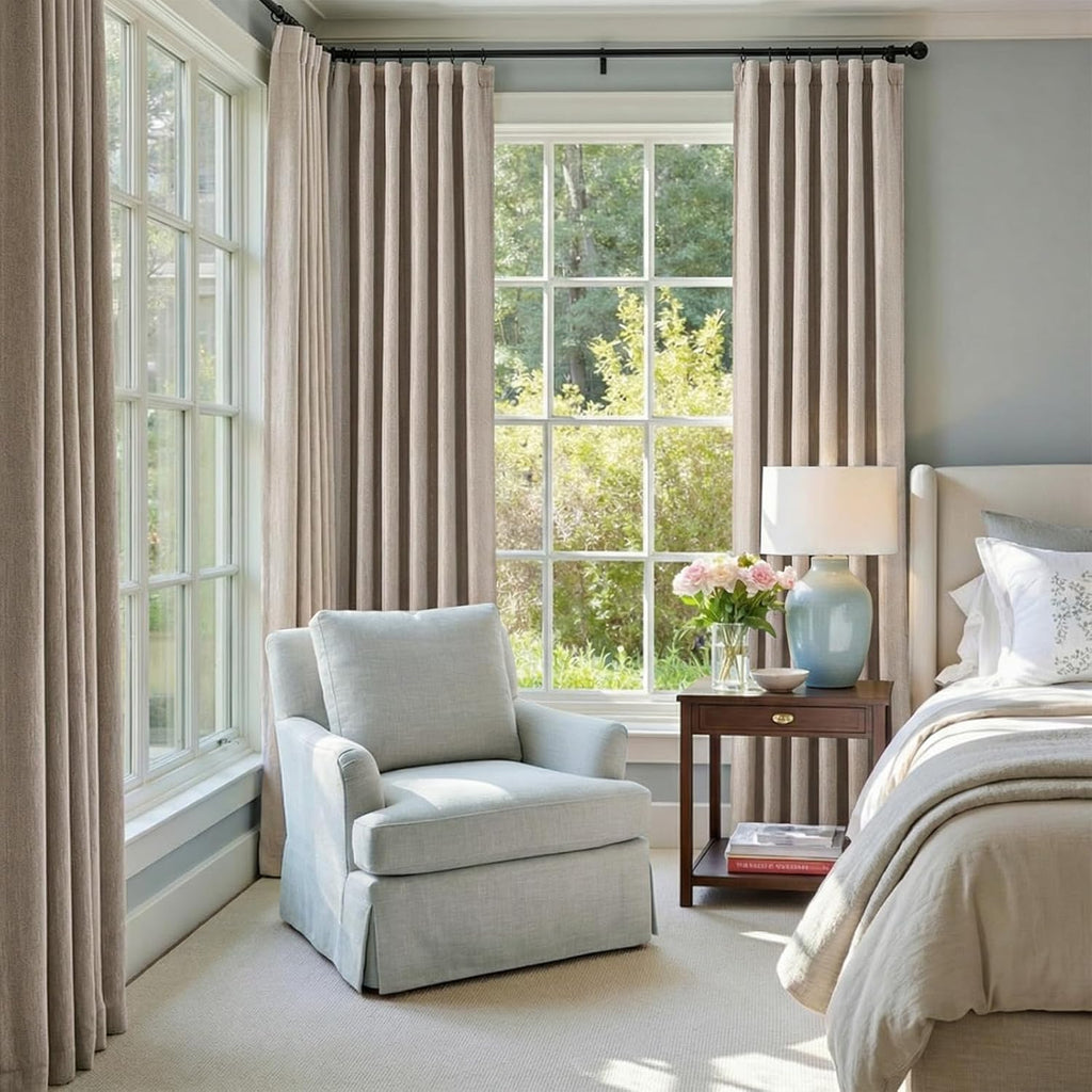2-Panel Beige Linen-Effect Blackout Curtains, 52"W×96"L, Thermal Lined Polyester Drapes for Living Room & Bedroom