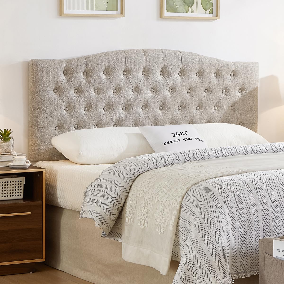 24KF Upholstered Tufted Button Linen Fabric Headboard,Comfortable Fashional Headboard Queen/Full Size,Ivory