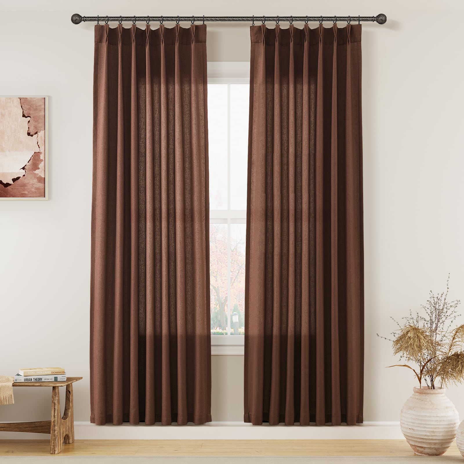 Extra Long Linen Curtains 108 Inch for Living Room Cream Pinch Pleated 9 FT Drapes Semi Sheer Ceiling to Floor Curtain for Bedroom Back Tab Flax Neutral Boho Decor Window, Natural Beige Ivory 2 Panels