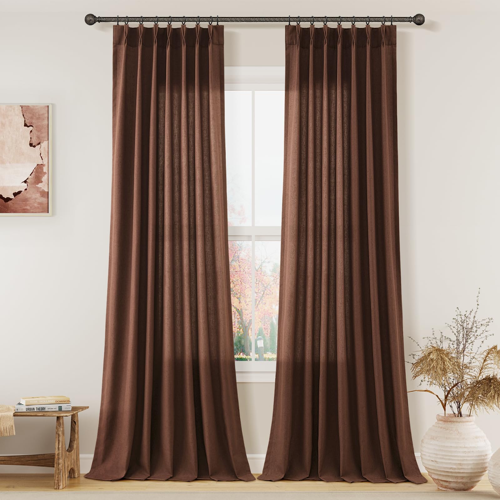 Extra Long Linen Curtains 108 Inch for Living Room Cream Pinch Pleated 9 FT Drapes Semi Sheer Ceiling to Floor Curtain for Bedroom Back Tab Flax Neutral Boho Decor Window, Natural Beige Ivory 2 Panels