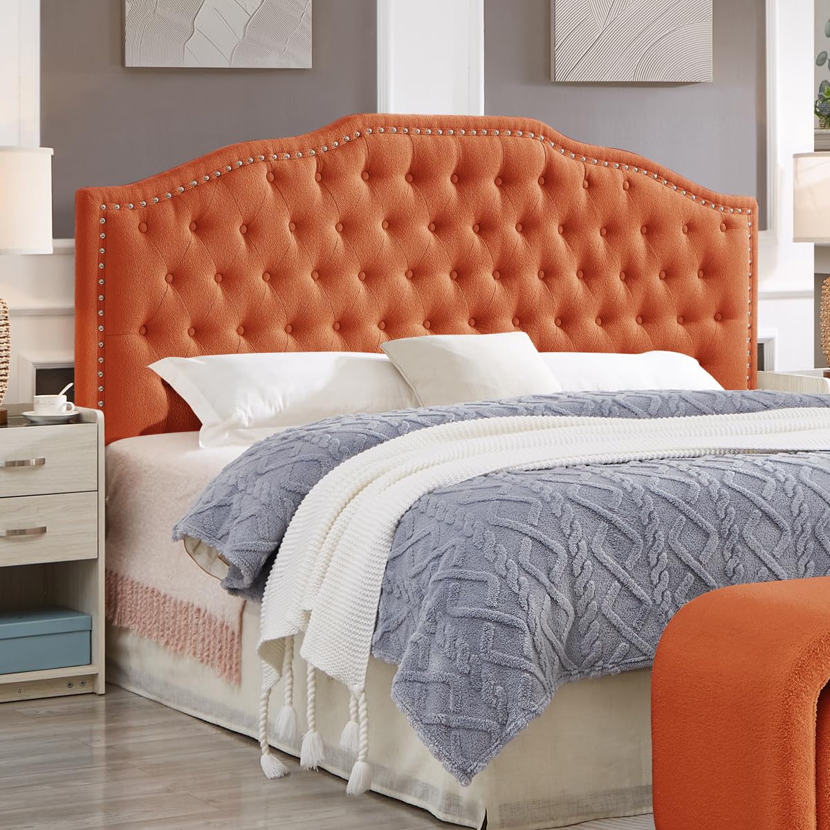 24KF Upholstered Button Tufted Queen Headboard with Nailhead Trim, Elegant Boucle Fabric Full headboard, 6031-Q-Boucle-Ivory