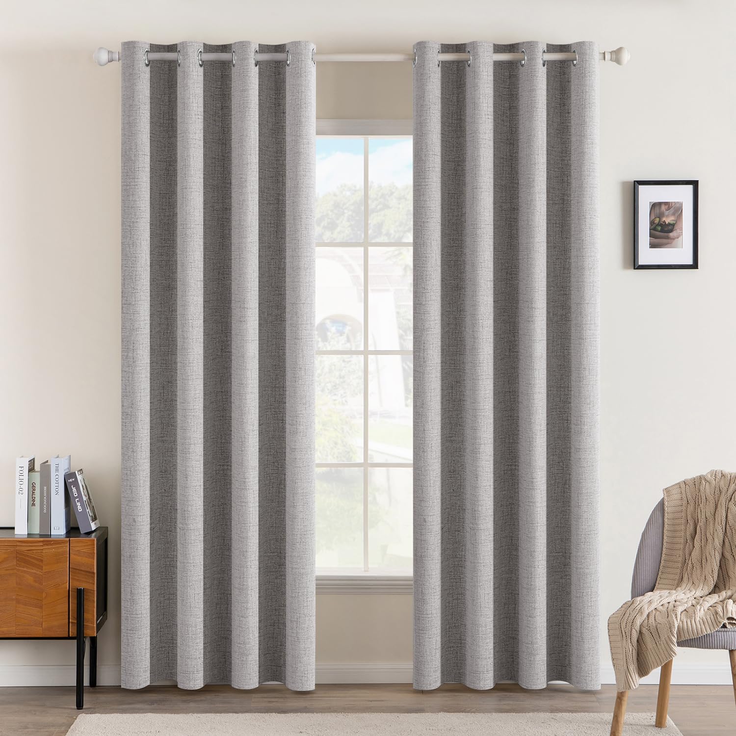 MIULEE Linen Texture Curtains for Bedroom Solid 100% Blackout Thermal Insulated Dusty Blue Curtains Grommet Room Darkening Drapes Luxury Decor for Living Room Nursery 52x84 Inch (2 Panels)