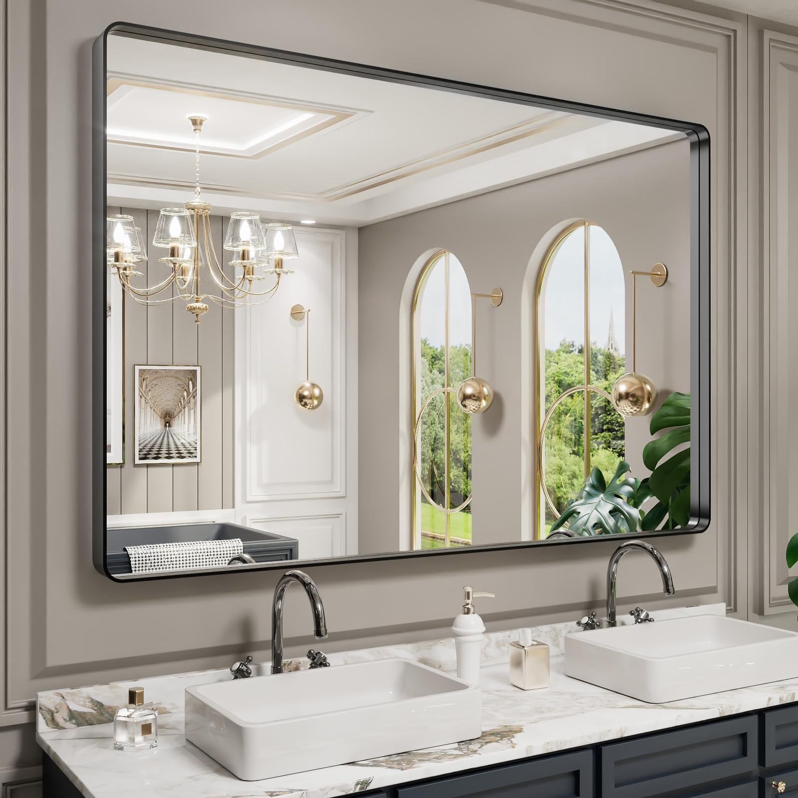 LOAAO Black Metal Framed Bathroom Mirror for Wall, 22X30 Inch Rounded Rectangle Mirror, Matte Black Bathroom Vanity Mirror Farmhouse, Anti-Rust, Hangs Horizontally or Vertically