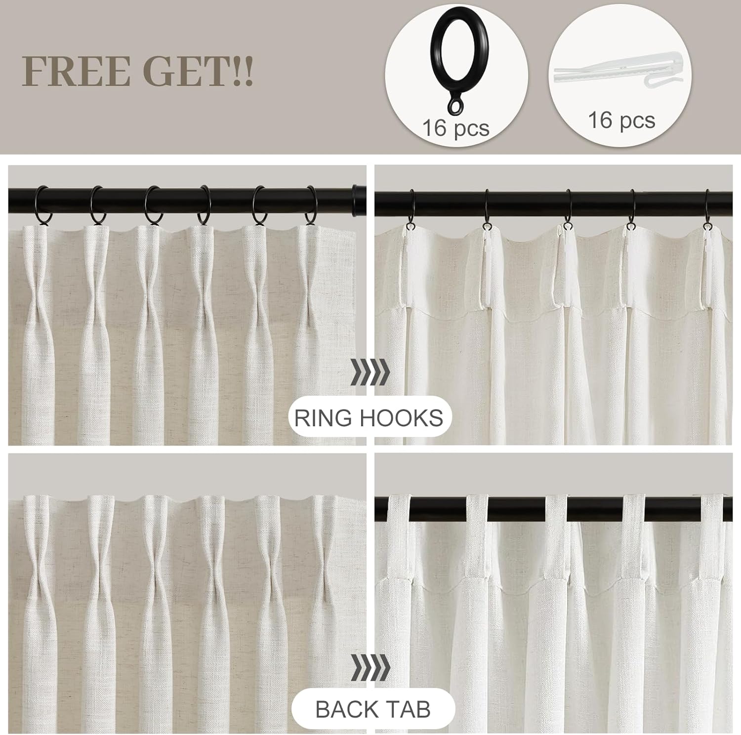 Pinch Pleated Linen Curtains 84 Inch Length 2 Panels Set, Light Filtering Linen Blend Sheer Drapes Memory Trained Pleated Curtain Back Tab with Hooks Rings for Living Room Bedroom, Natural, W40xL84