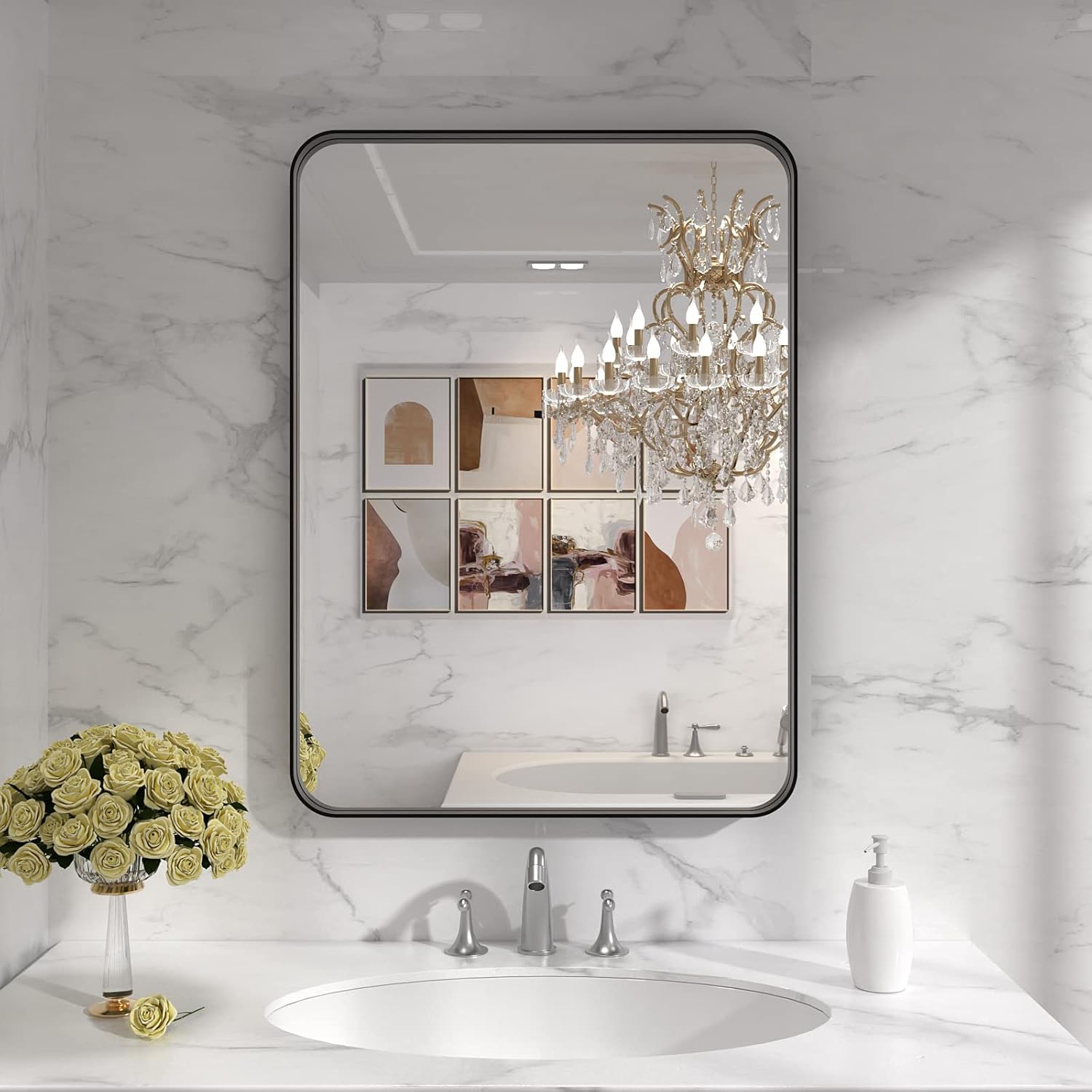 LOAAO Black Metal Framed Bathroom Mirror for Wall, 22X30 Inch Rounded Rectangle Mirror, Matte Black Bathroom Vanity Mirror Farmhouse, Anti-Rust, Hangs Horizontally or Vertically