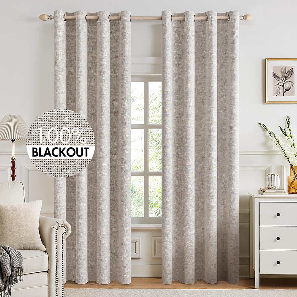 MIULEE 100% Blackout Linen Textured Curtains for Bedroom Solid Thermal Insulated Natural Beige Grommet Room Darkening Curtains & Drapes Luxury Decor for Living Room Nursery 52 x 96 Inch (2 Panels)