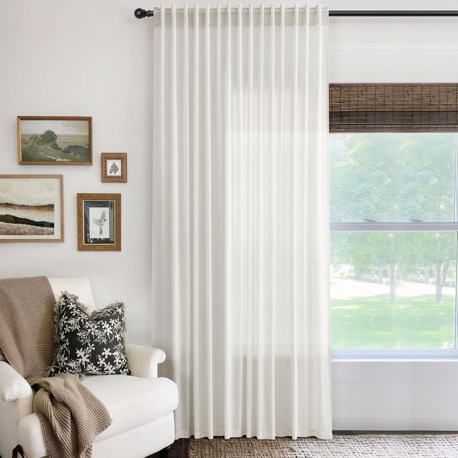 Flax Linen Beige Curtains 96 inches Long 2 Panel for Living Room Back Tab Pocket Drapes Semi Sheer Privacy Khaki Window Curtain Country Rustic Farmhouse Cloth Curtain for Dinning Room Tan