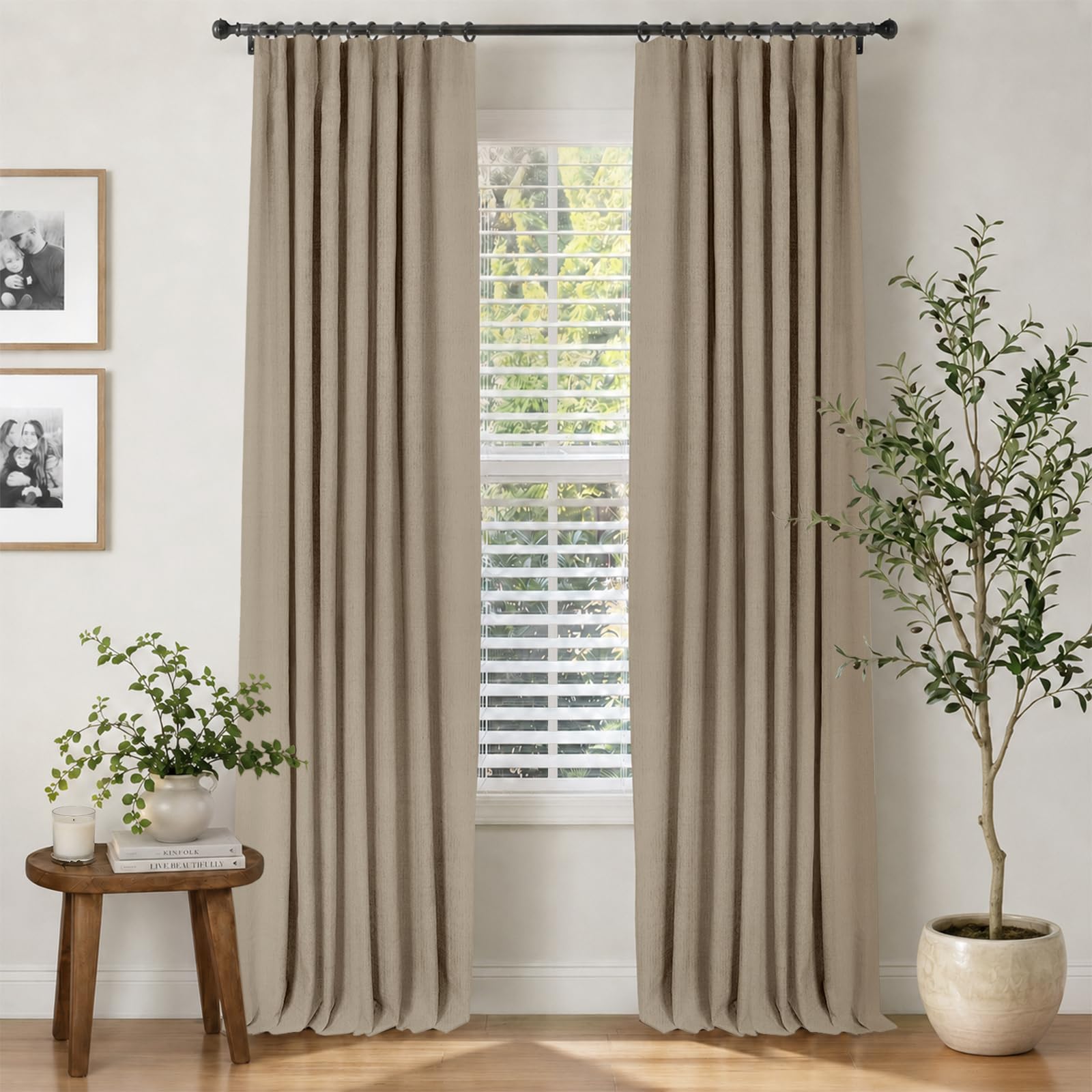 INOVADAY 100% Blackout Curtains for Bedroom, Black Out Curtains 84 Inch Long, Clip Rings Linen Blackout Drapes, Thermal Insulated Room Darkening for Living Room, 2 Panels - Beige,W50xL84