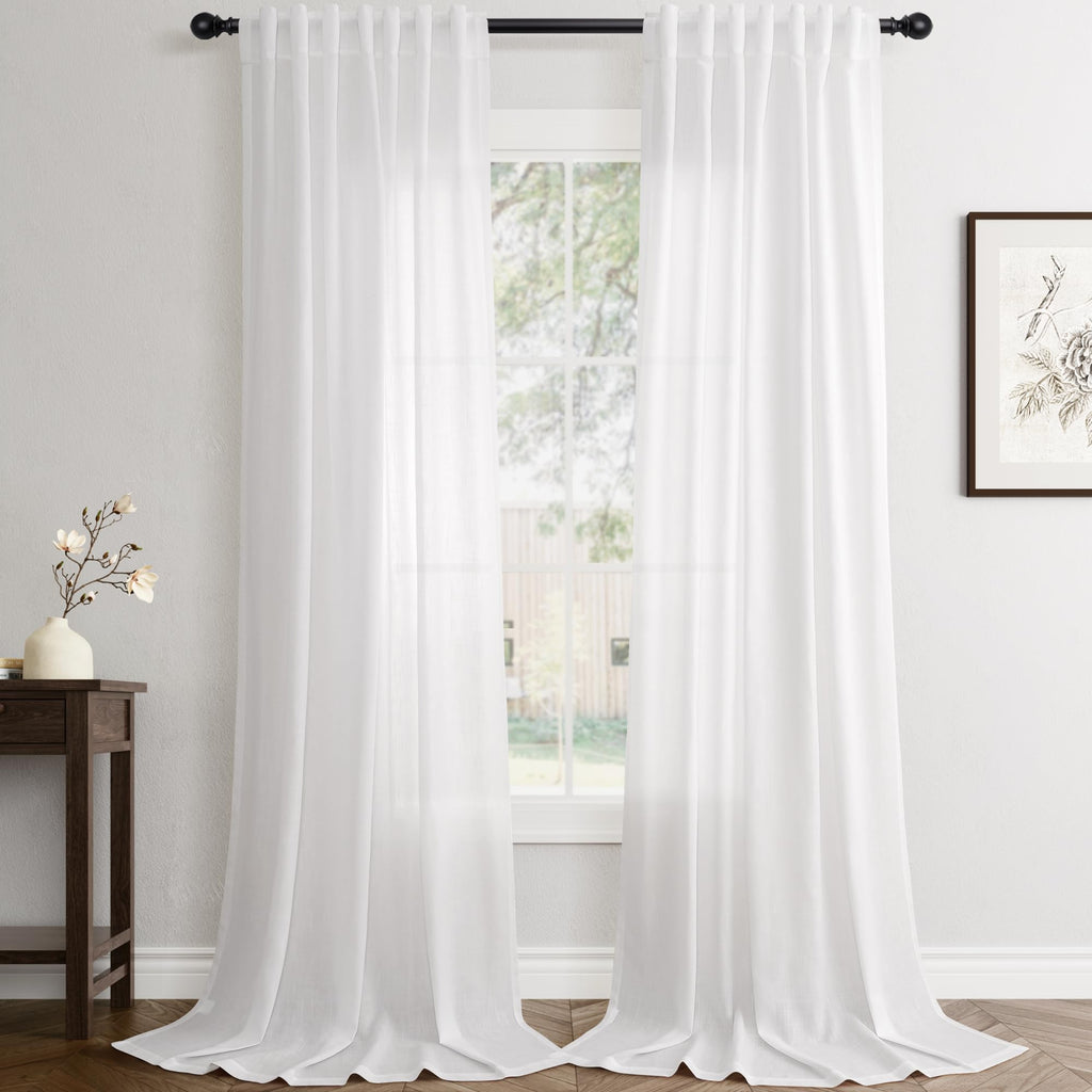 Flax Linen Beige Curtains 96 inches Long 2 Panel for Living Room Back Tab Pocket Drapes Semi Sheer Privacy Khaki Window Curtain Country Rustic Farmhouse Cloth Curtain for Dinning Room Tan