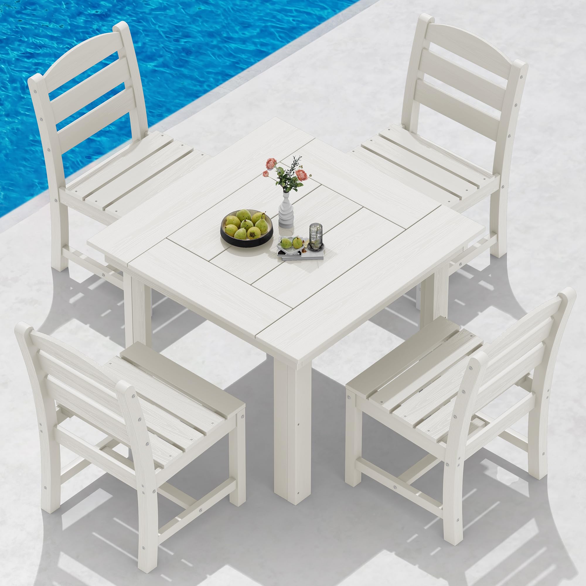 SERWALL Outdoor Dining Set for 4, HDPE Square Table and Chairs Set All Weather Patio Dining Set with 4 Classic Dining Chairs, 5-Piece Patio Dining Furniture for Deck, Brown