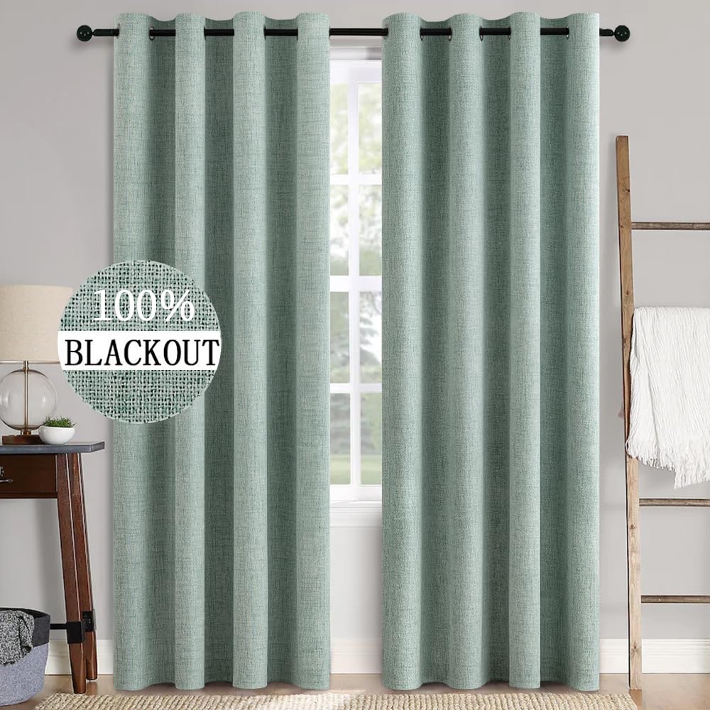 MIULEE Linen Texture Curtains for Bedroom Solid 100% Blackout Thermal Insulated Dusty Blue Curtains Grommet Room Darkening Drapes Luxury Decor for Living Room Nursery 52x84 Inch (2 Panels)