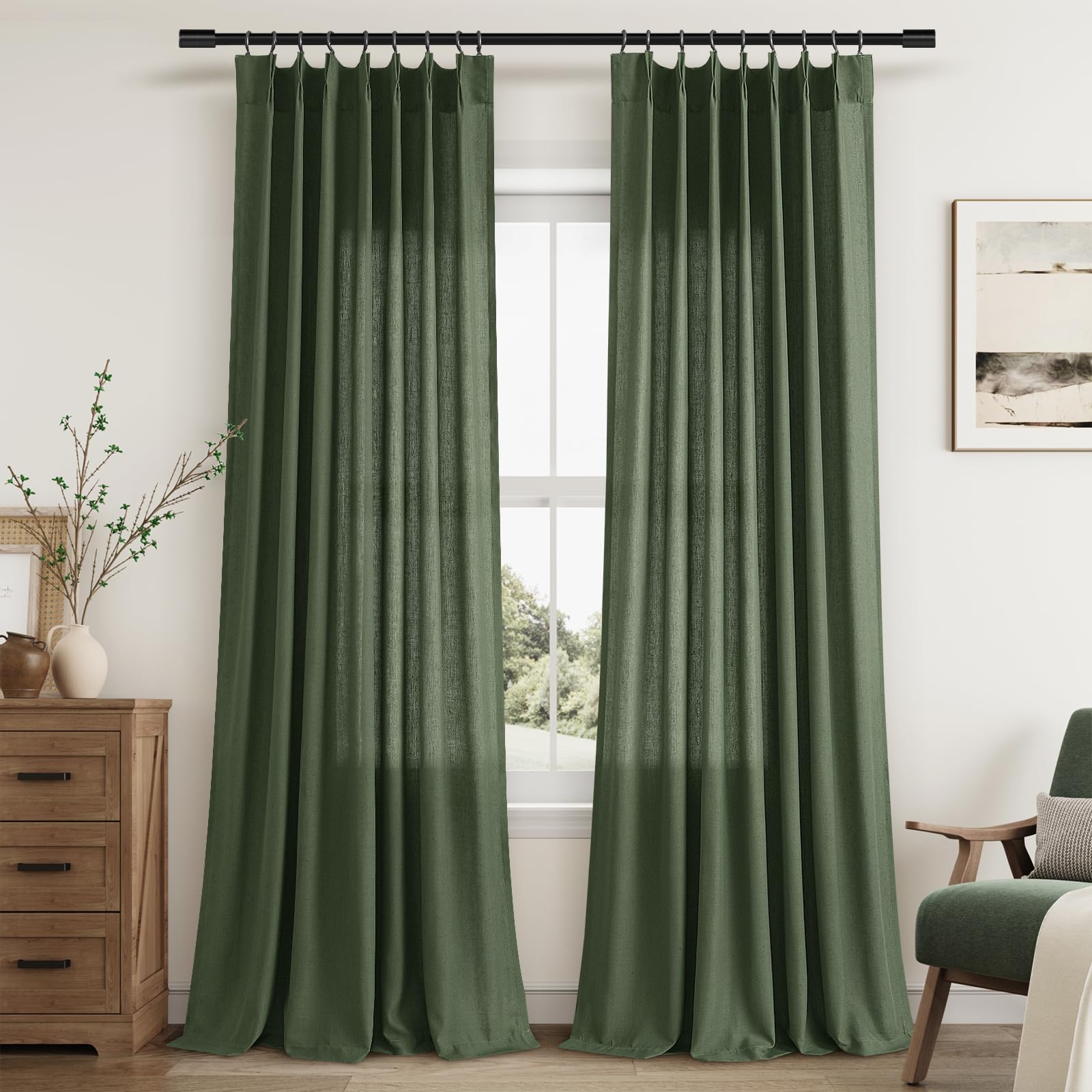 Extra Long Linen Curtains 108 Inch for Living Room Cream Pinch Pleated 9 FT Drapes Semi Sheer Ceiling to Floor Curtain for Bedroom Back Tab Flax Neutral Boho Decor Window, Natural Beige Ivory 2 Panels