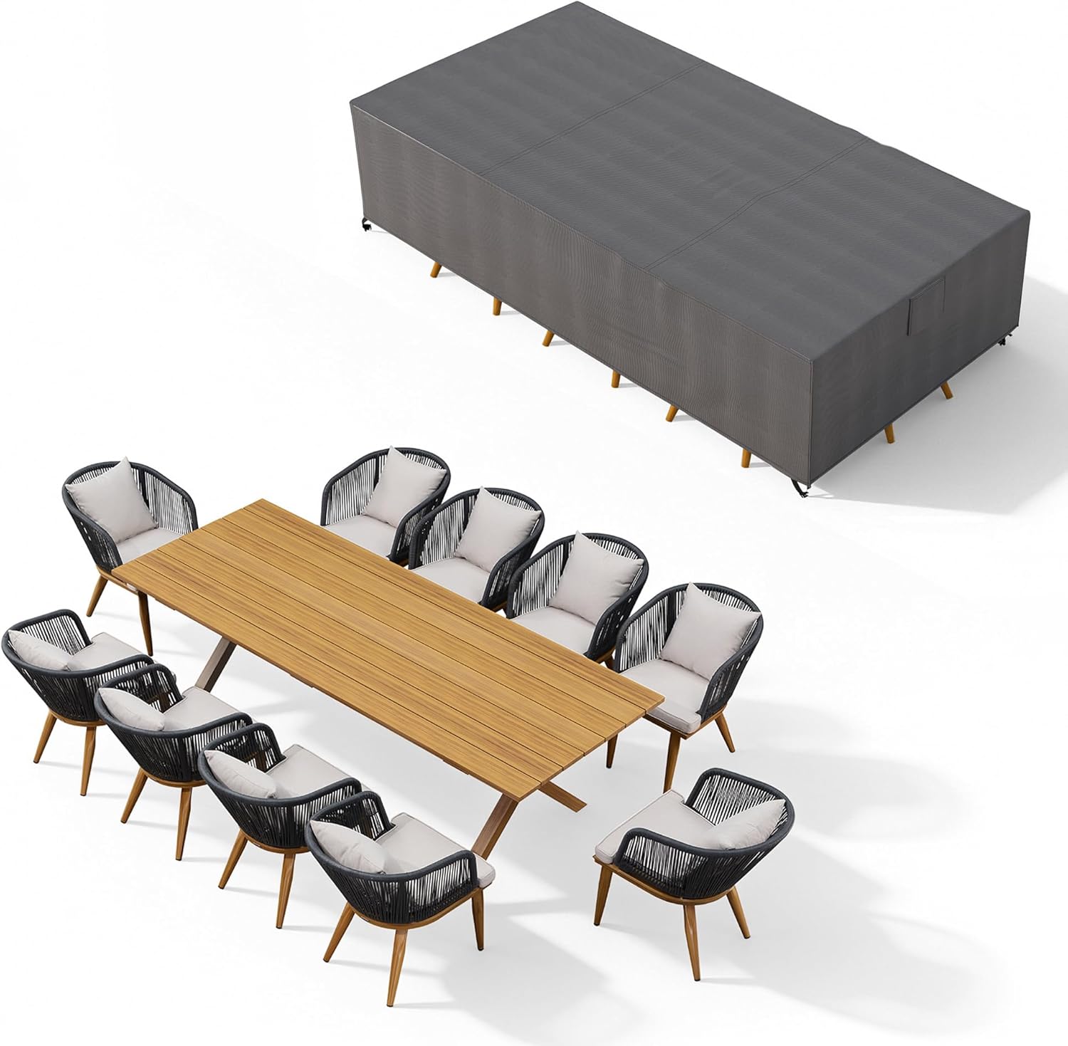 PURPLE LEAF 9 Pieces Patio Dining Set Wicker Outdoor Furniture Rectangular Table and Chairs Set for Garden Deck Teak-Finish Aluminum Frame Backyard Kitchen Set, Cushions and Pillows Included