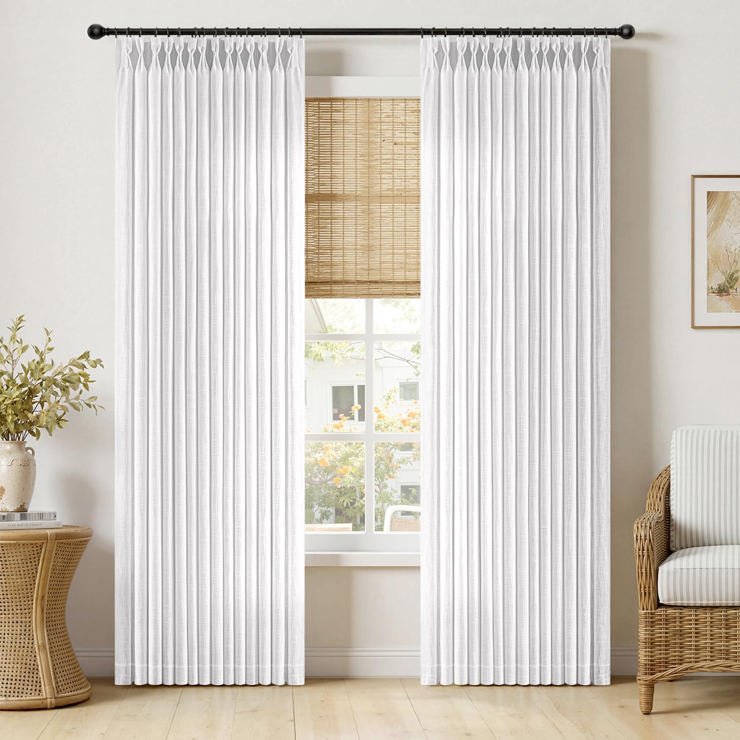 MIULEE Pinch Pleated Thick Linen Curtains 90 Inches Long 2 Panels for Living Room Bedroom, Memory Trained Pinch Pleat Drapes Back Tab Light Filtering Natural Ivory Cream Window Curtains with Hooks