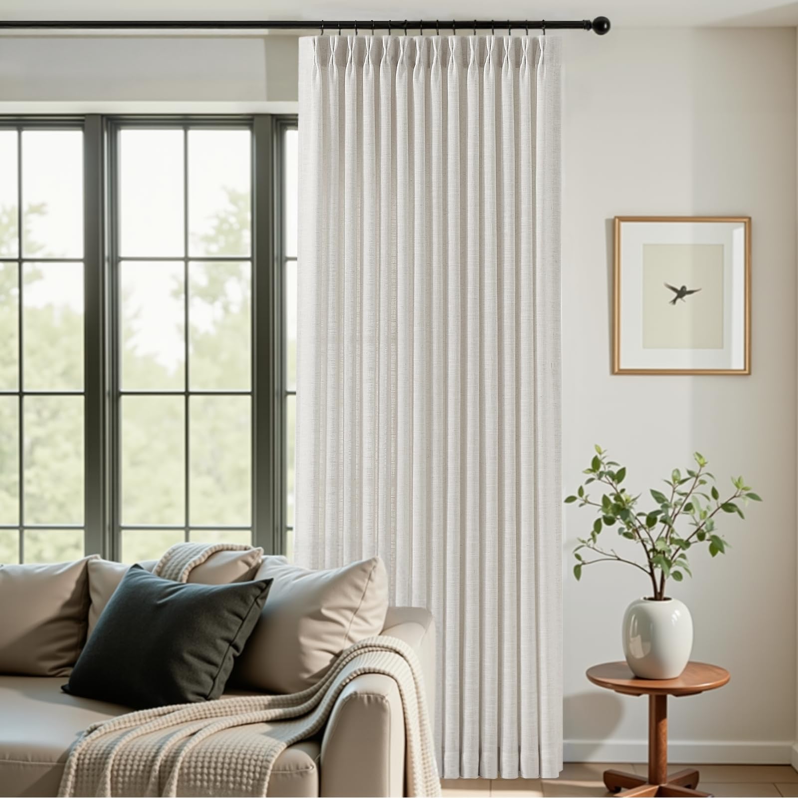 Pinch Pleated Linen Curtains 84 Inch Length 2 Panels Set, Light Filtering Linen Blend Sheer Drapes Memory Trained Pleated Curtain Back Tab with Hooks Rings for Living Room Bedroom, Natural, W40xL84