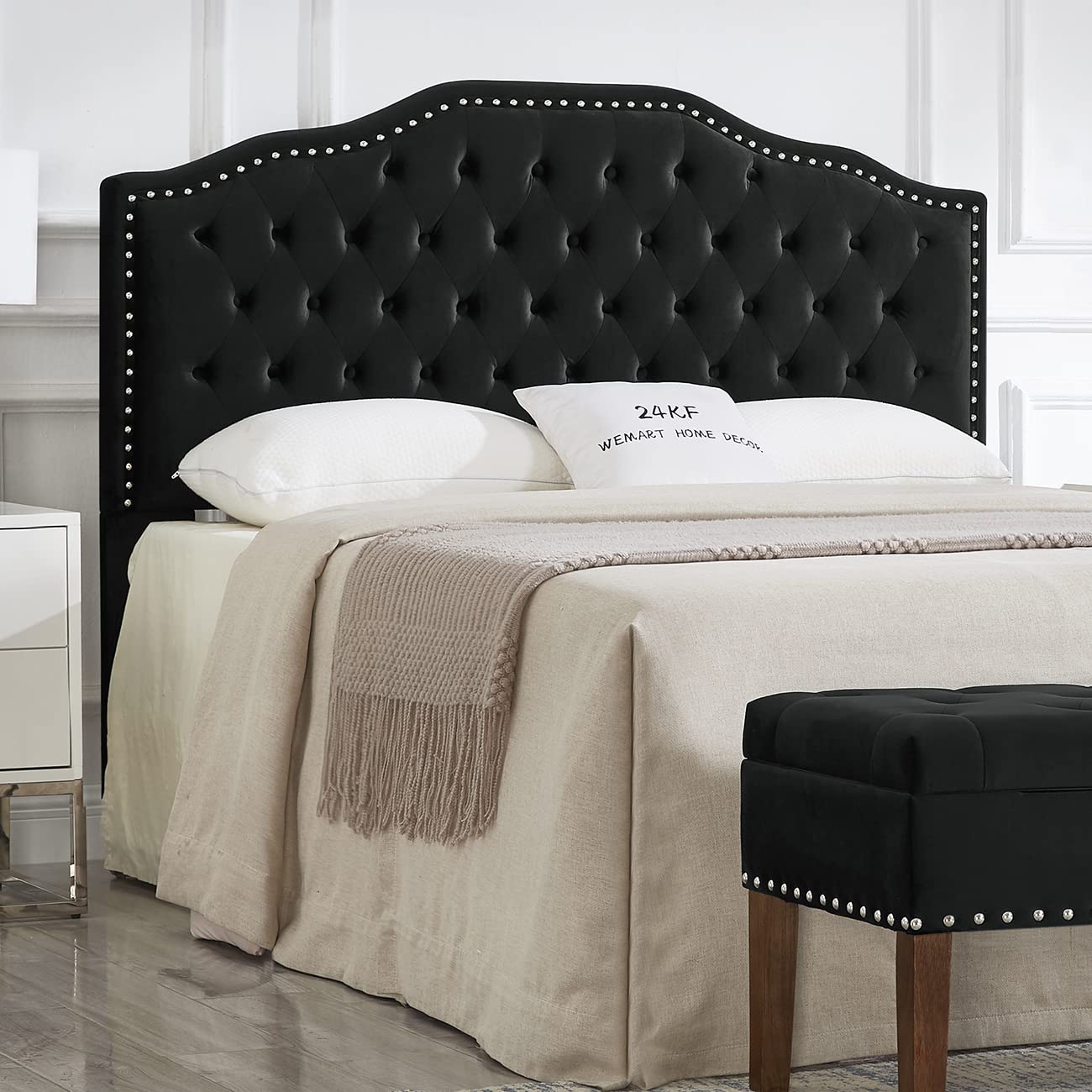 24KF Upholstered Button Tufted Queen Headboard with Nailhead Trim, Elegant Boucle Fabric Full headboard, 6031-Q-Boucle-Ivory