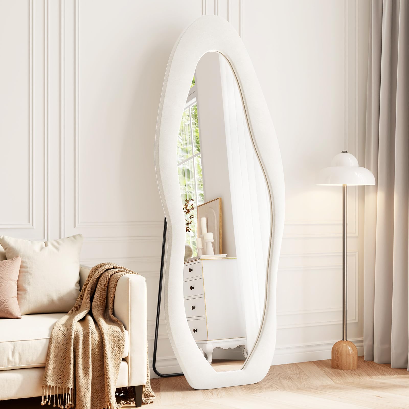 Irregular Full Length Mirror, 63"x24" Flannel Full Body Mirrors, Velvet Floor Mirrors with Stand, Irregular Wavy Mirror Hanging or Leaning Against Wall for Bedroom Living Room, Brown