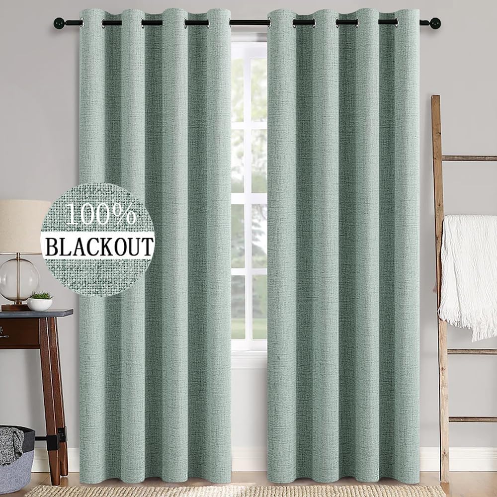 MIULEE Linen Texture Curtains for Bedroom Solid 100% Blackout Thermal Insulated Dusty Blue Curtains Grommet Room Darkening Drapes Luxury Decor for Living Room Nursery 52x84 Inch (2 Panels)